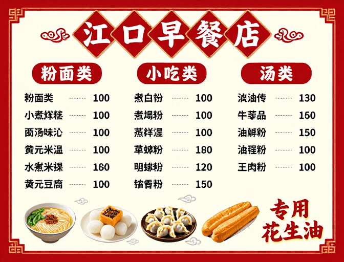 传统节日素材：喜庆红白中式江口早餐店菜单海报