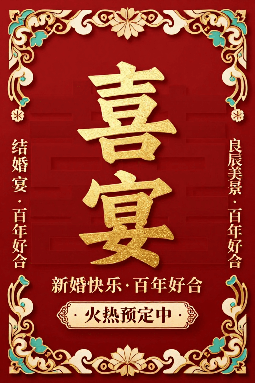 中式婚礼素材：红金中式婚礼喜宴海报设计