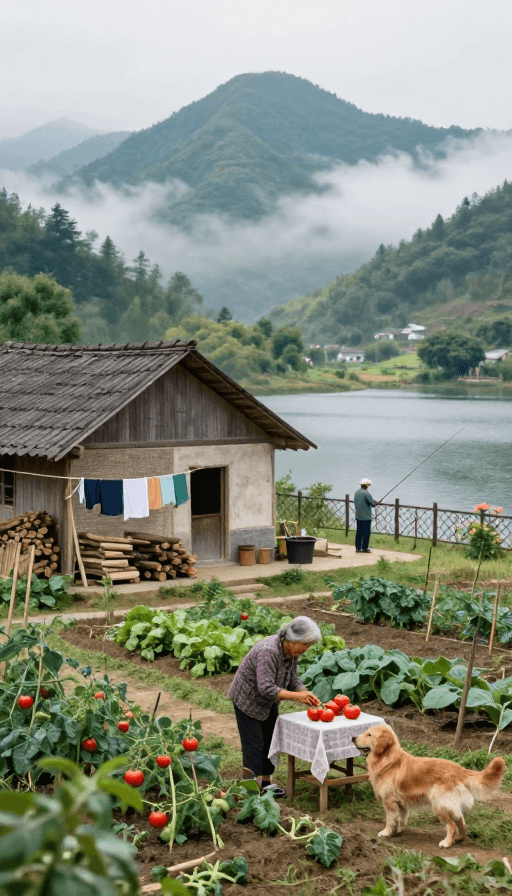 摄影纪实素材：宁静乡村生活：山间小屋与湖畔垂钓
