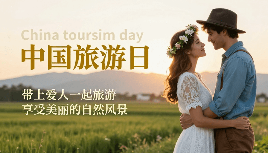 情侣互动素材：中国旅游日浪漫海报：情侣共赏自然美景