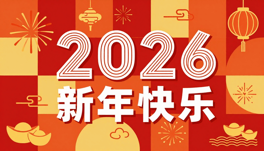 矢量艺术素材：喜庆新年扁平插画海报：金色与红色的2026祝福