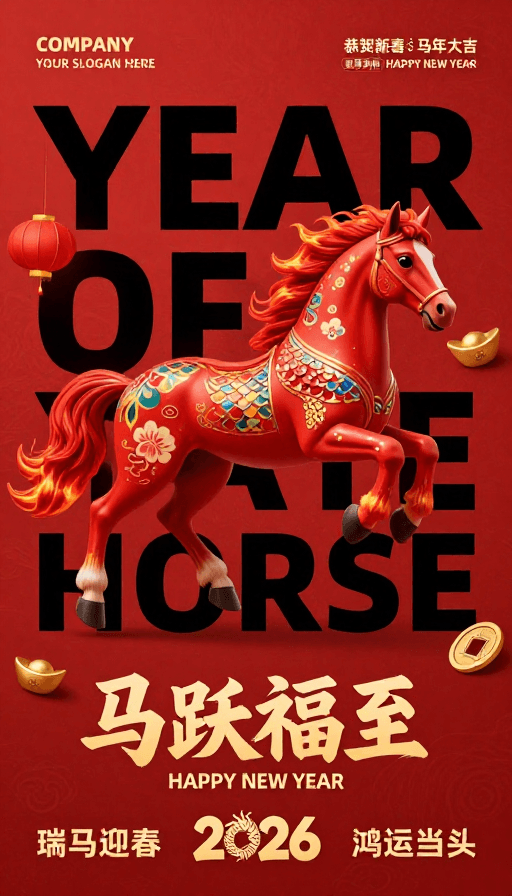 马年素材：红色中国风马年新春海报，跃骏纳福迎吉庆