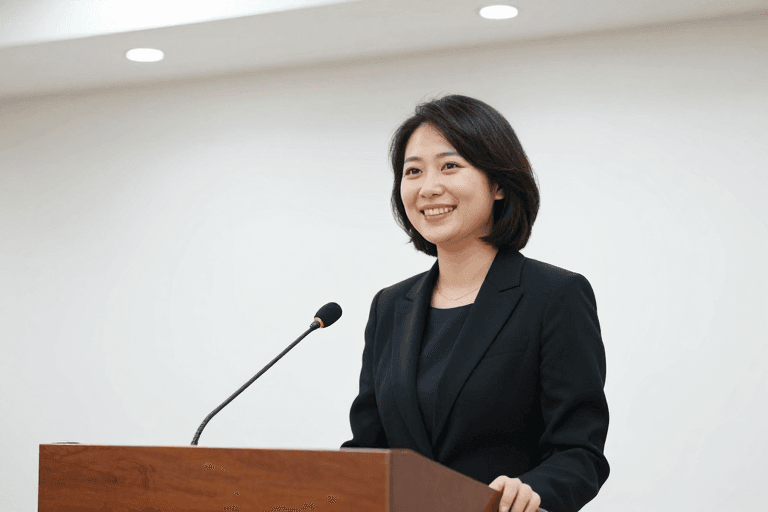 教育场景素材：商务女性演讲者专业形象展示
