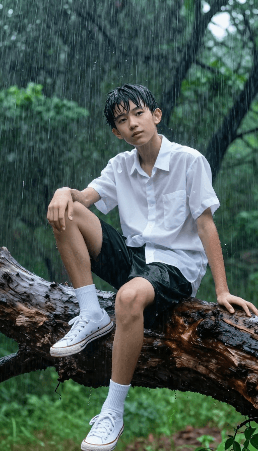 青少年形象素材：暴雨中的少年：青春无畏的真实瞬间