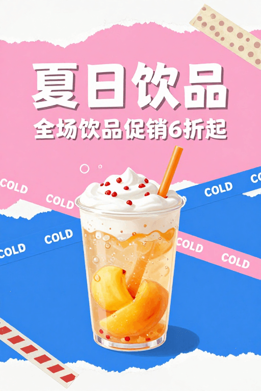 清凉主题素材：夏日拼贴风清凉饮品促销海报设计