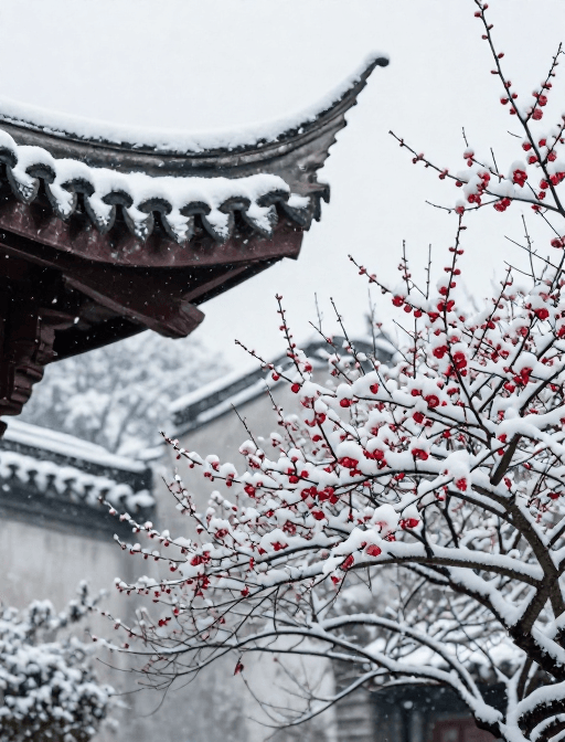 传统美学素材：雪落红梅映古韵