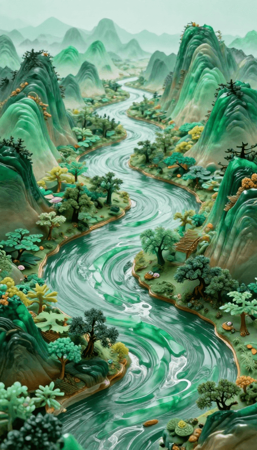 视觉盛宴素材：翡翠山水画卷：极致立体自然景观视觉盛宴