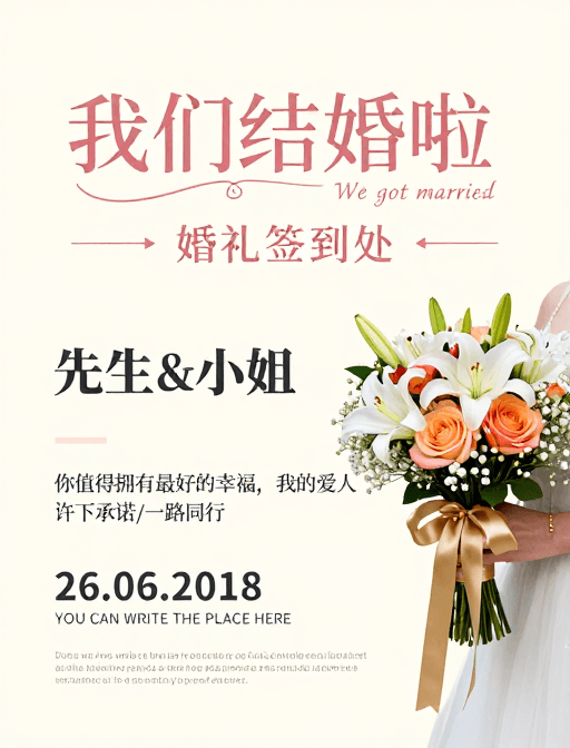 手绘艺术字素材：浪漫婚礼签到海报设计