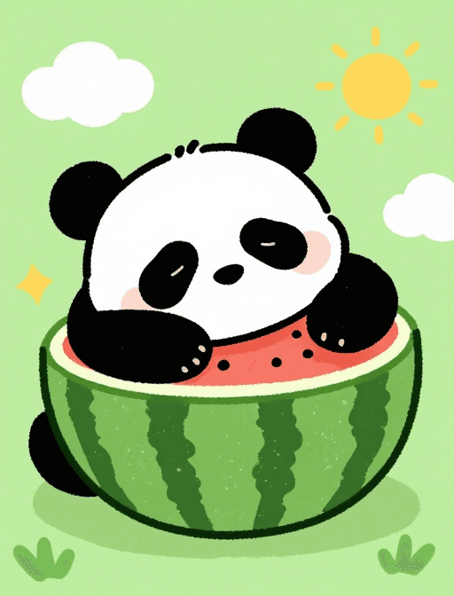 创意背景素材：扁平手绘风熊猫西瓜午睡图