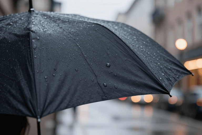 高清晰度素材：阴雨天都市暖光与冷调交织的黑伞特写