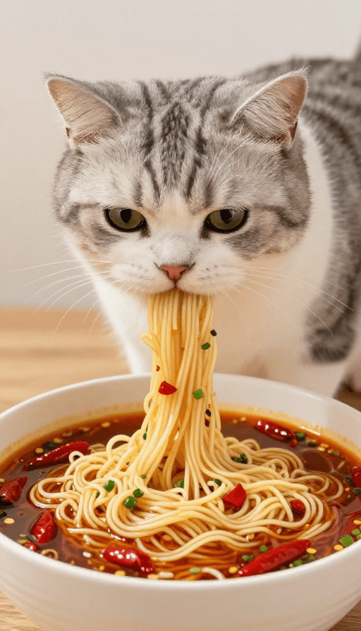 神奇食物素材：猫咪与无限增长的奇幻面条艺术场景