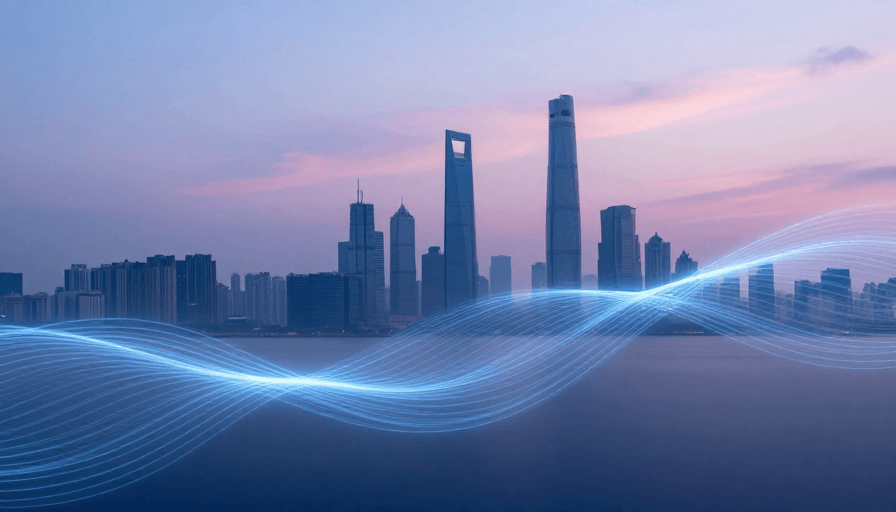 渐变天空素材：梦幻黄昏下的未来科技城市全景
