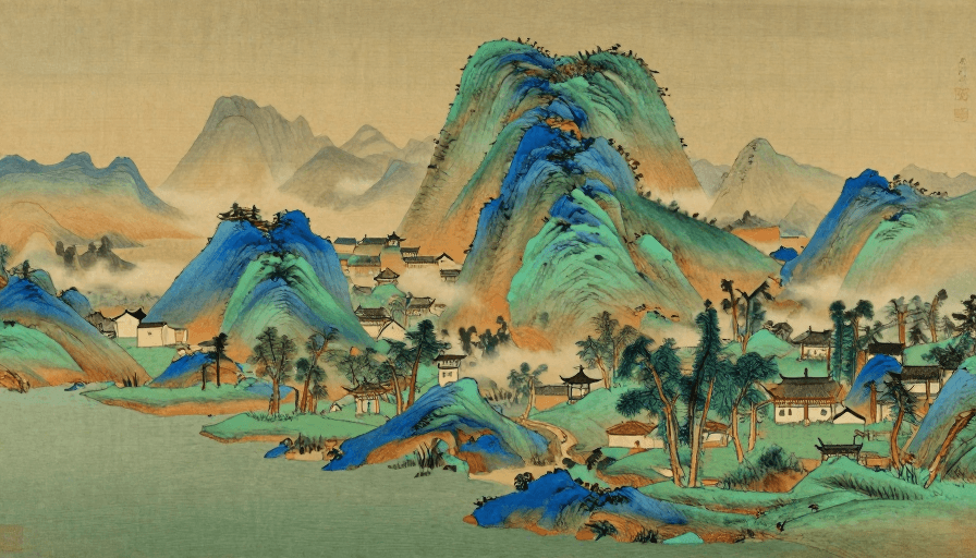 三远法构图素材：青绿山水意境：中国传统山水画中的自然与人文