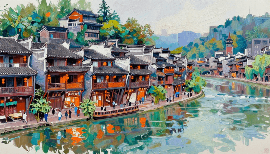 高饱和度色彩素材：湘西凤凰古城手绘风光图：油画厚涂的浪漫夜景