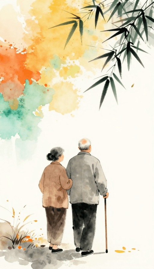 秋日氛围素材：水墨淡彩秋日暖：老夫妇背影缓步前行