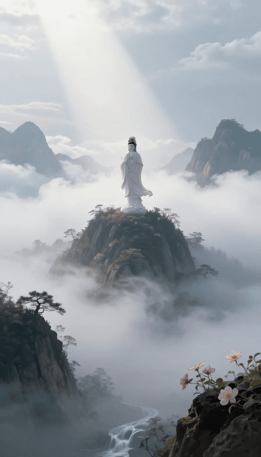 艺术摄影素材：云雾缭绕古风观音：绝美光影下的神韵