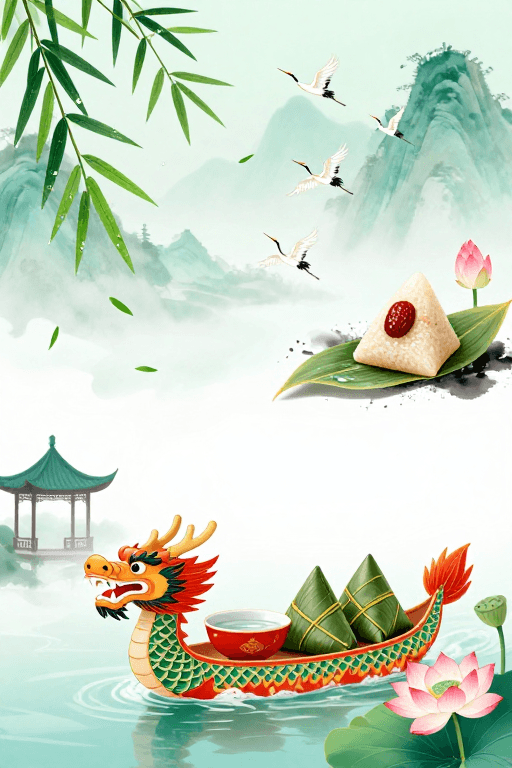 端午节素材：水墨青绿端午风情 白鹤龙舟贺佳节