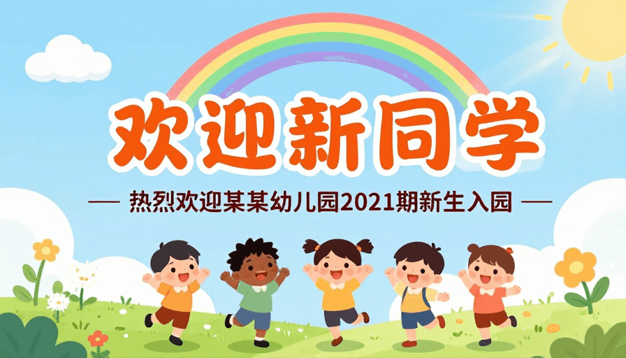 新生入园素材：卡通插画风幼儿园新生欢迎海报