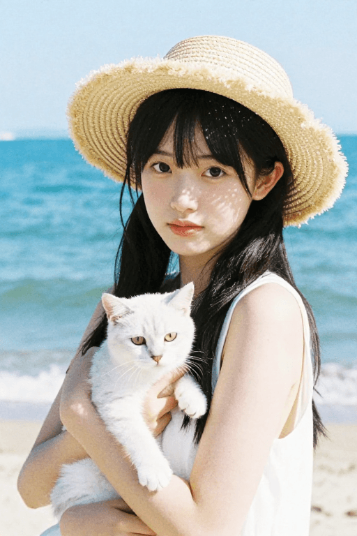低饱和度素材：日系胶片：海边少女与猫咪的清新光影