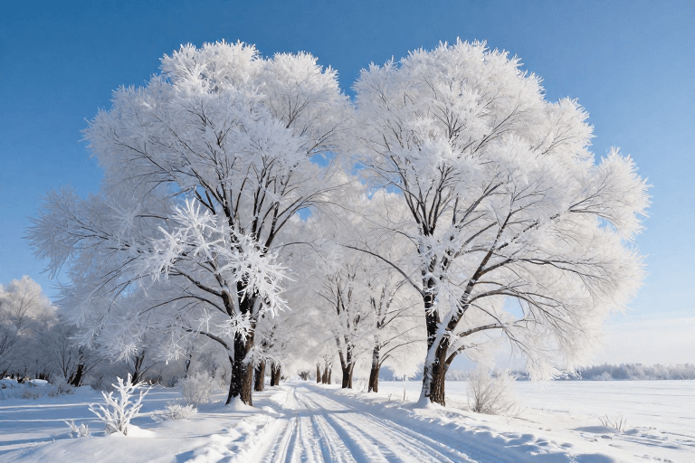 冬日雪景素材：霜覆雪径的阔叶林：纯净冬韵之美