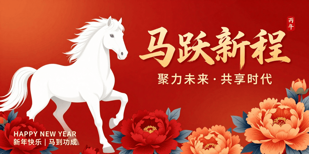 中国红素材：红金渐变骏马跃起新年祝福书法海报