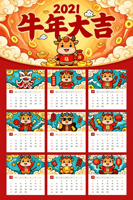 喜庆装饰素材：2021牛年国潮风日历海报：喜庆吉祥民俗设计