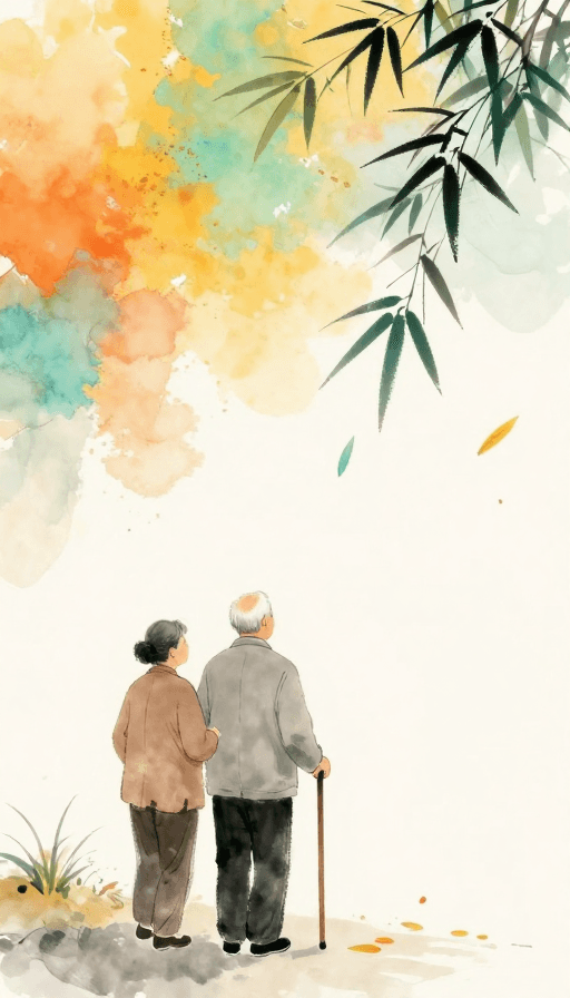 秋日意境素材：水墨淡彩·秋意浓情：老夫妇背影漫步
