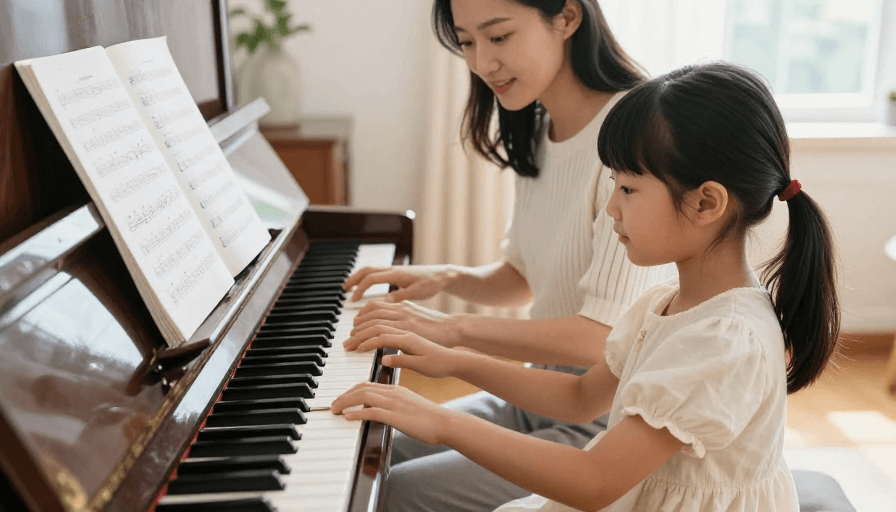 温馨画面素材：亲子钢琴时光：母女默契演奏的温馨画面