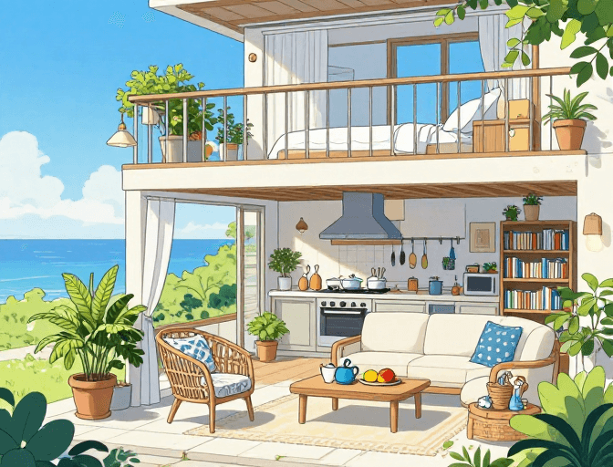 线条动漫插画素材：治愈系海边现代宅生活：温馨家景与绿意盎然