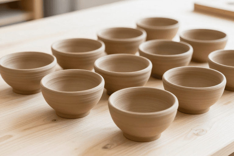 产品特写素材：暖光质感手工陶碗：木台静物特写摄影