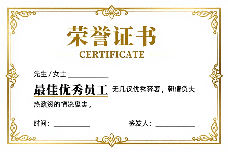 商务庆典素材：金色烫金荣誉证书设计，典雅庄重商务庆典风格