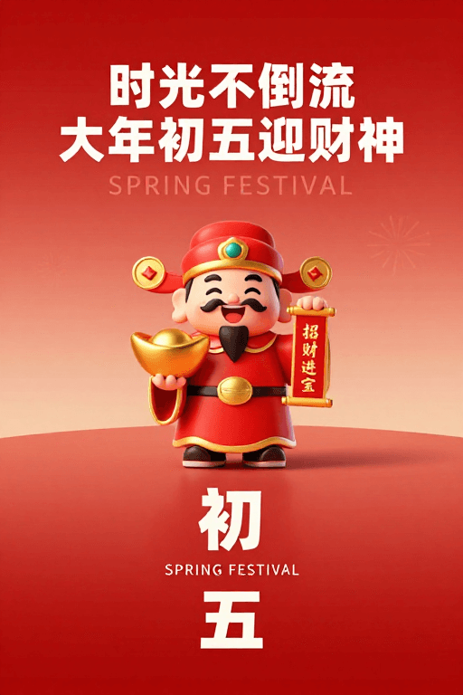 春节素材：初五迎财神 红色喜庆新年插画