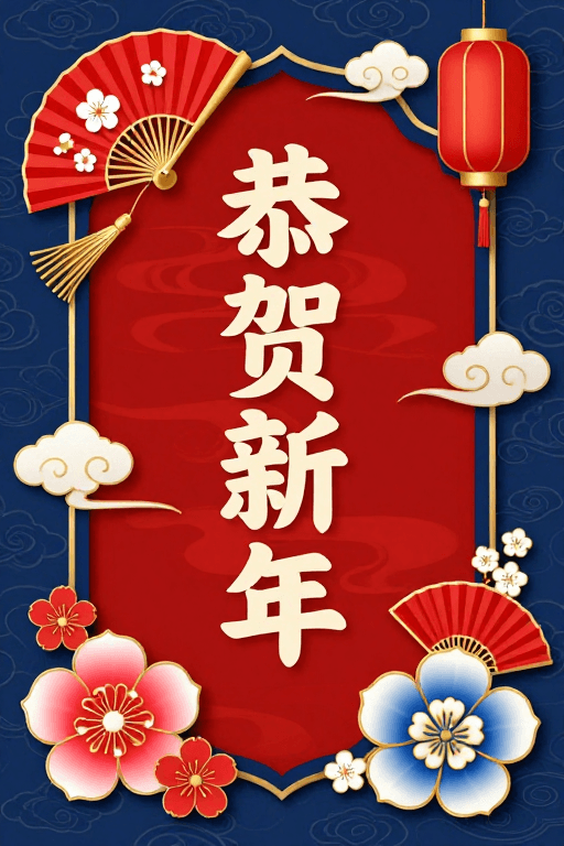 中式传统素材：恭贺新年红色盾徽中式节庆祝福图