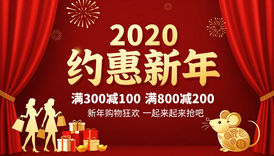 新年促销素材：2020新年促销：红色喜庆满额优惠海报