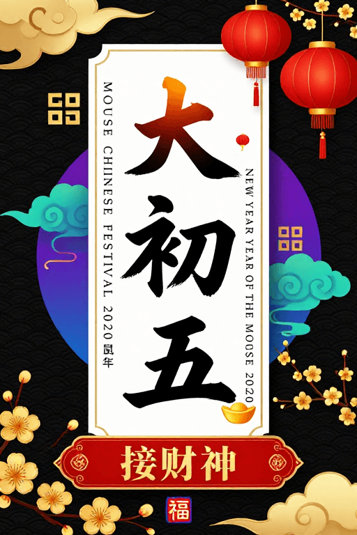 中国传统风素材：大年初五：金色祥云与书法贺岁，传统节庆喜庆海报
