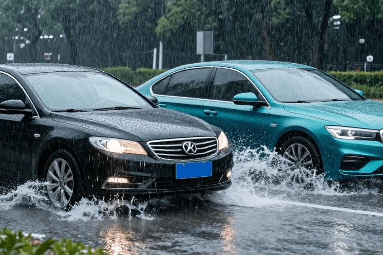 高清实景素材：暴雨双车涉水：冷调实景展现行车挑战