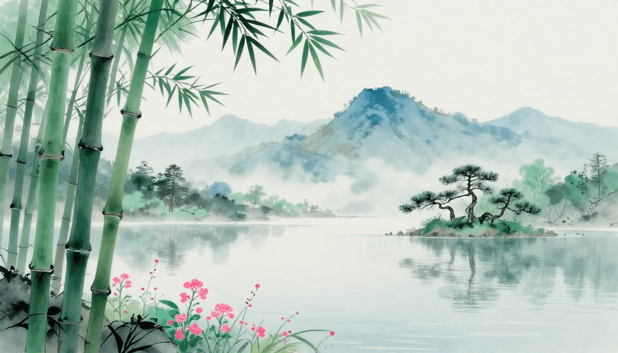 竹林素材：水墨意境：青翠竹林与远山的诗意画卷