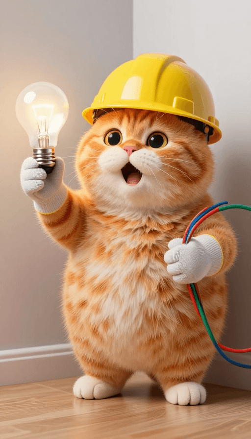 安全教育素材：胖橘猫戴安全帽演示安全用电知识