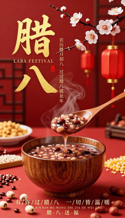 腊八节素材：红金中国风腊八节海报，温暖年味与传统文化