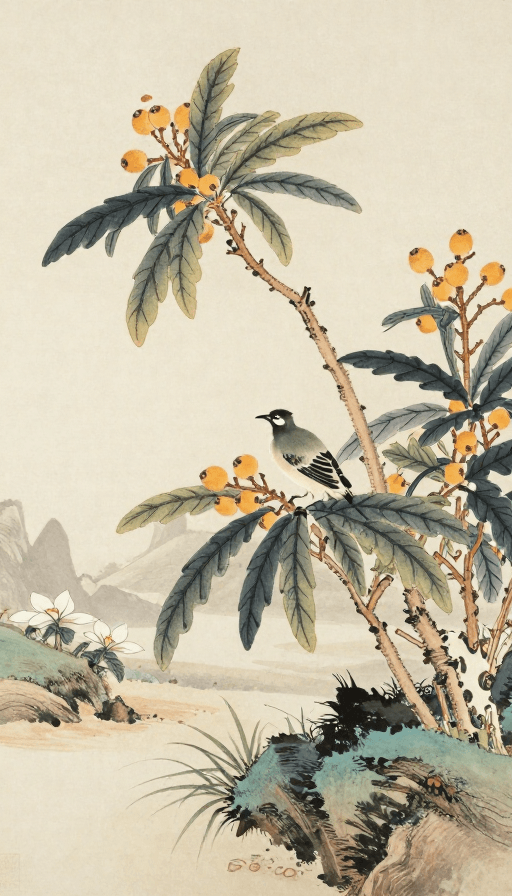 自然风景素材：传统国画枇杷山鸟图：淡雅风骨与笔墨韵味