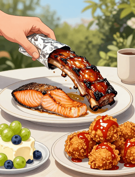 轻奢风格素材：精致手绘美食插画：户外轻奢餐桌盛宴