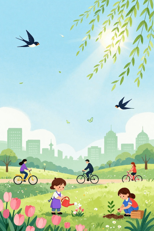 城市剪影背景素材：春日水彩插画：城市公园童趣与自然交响