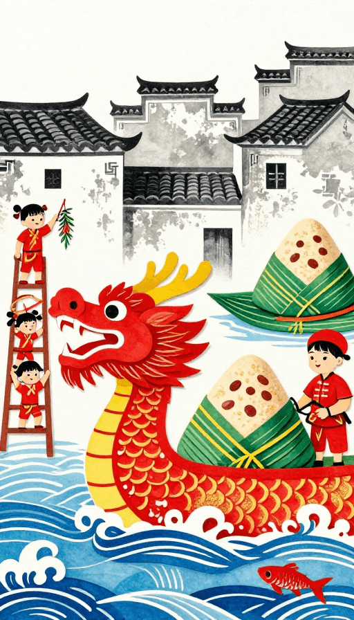 龙舟文化素材：端午红韵：农民画与剪纸融合龙舟插画