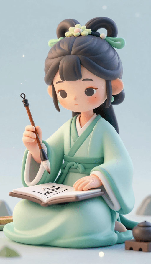 数字艺术素材：国风少女执笔写字，三维立体渲染的静谧之美