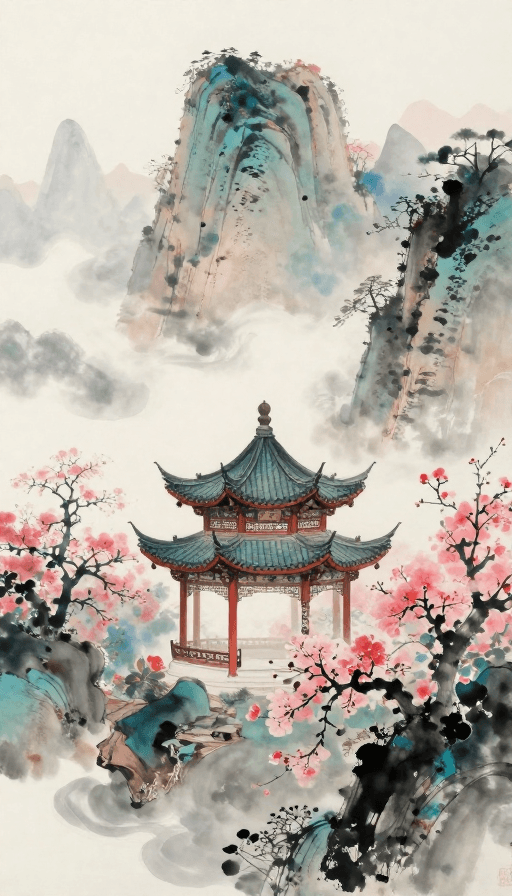 艺术装饰素材：水墨晕染·梦幻仙山云海亭台楼阁图