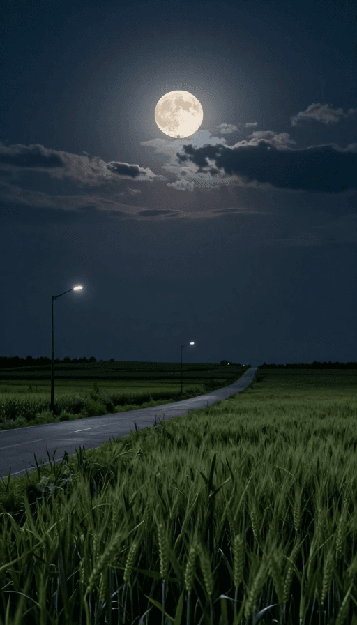 静谧氛围素材：云遮明月下的静谧乡村夜景，高清麦田与昏路灯细节