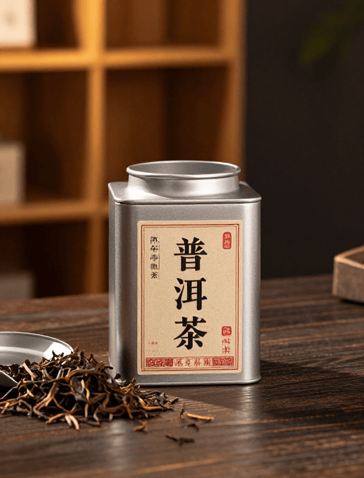 木质桌面素材：暖金侧逆光下的陈年普洱金属罐静置木桌