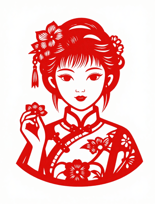 吉祥图案素材：吉祥高贵：传统中国剪纸女孩肖像艺术