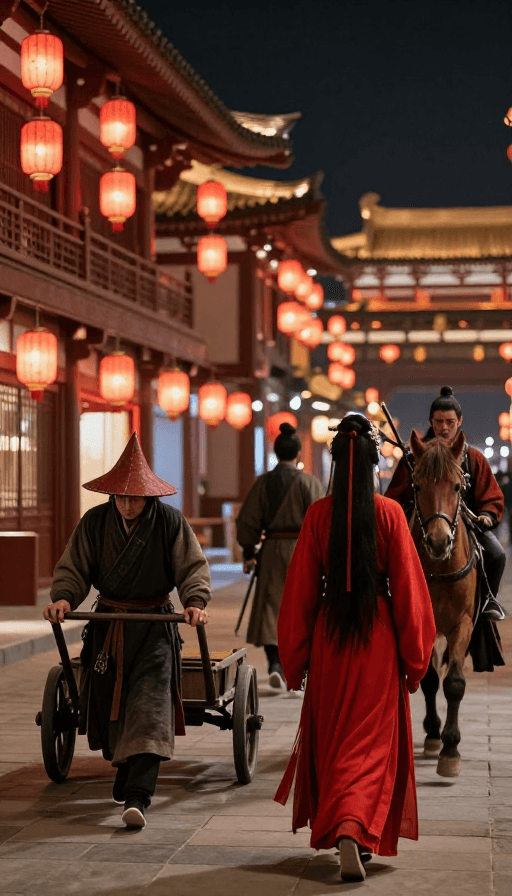 红色灯笼素材：大唐西市夜行：诡异红灯笼下的江湖险境