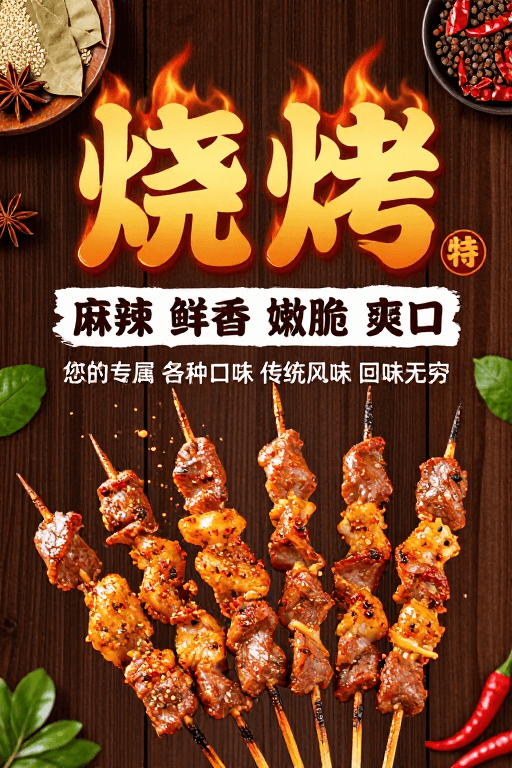 烧烤美食素材：烈焰烤串：麻辣鲜香传统风味盛宴